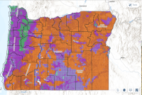 A screenshot of the draft wildfire hazard map, with color coding for the different hazard levels. Much of the state is ranked in the highest level.