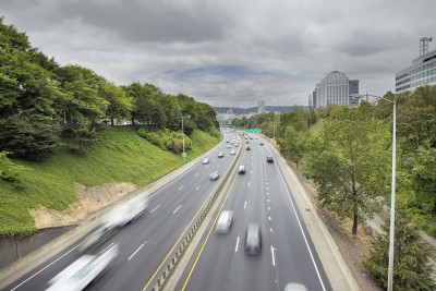 An overhead photo of lanes of speeding traffic in Portland