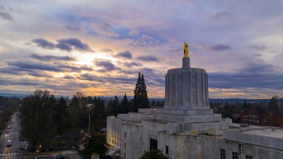 An aerial photo of the Oregon capitol building and surrounding neighborhood