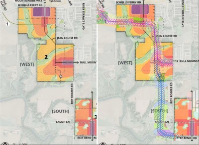 The River Terrace 2.0 concept plan are highlighted in bright colors, with roads overlaid at right.