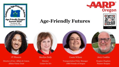 Graphic that says, "Age-Friendly Futures" with photos of four people, including Cassie Wilson, Transportation Policy Manager of 1000 Friends of Oregon