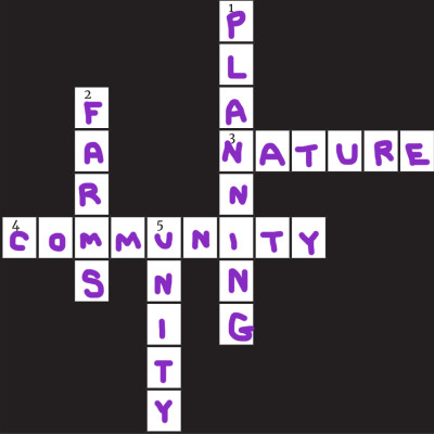 Crossword showing the following: Across: 3: Nature, 4: Community; Down: 1: Planning, 3: Farms, 5: Unity