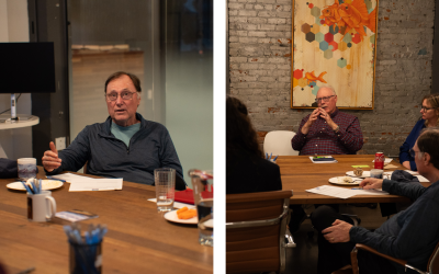 A two-part image. On the left is a photo of a man in a teal shirt talking and gesturing while seated at a wooden table. On the right is a man in a red plaid shirt gesturing as he talks, with a group of people looking intently at him.