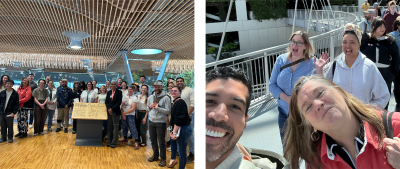 A two-part image; on the left is a photo of a large group of people standing in a large room with shining wood floors, a wooden sign (that the people are standing around) and a wooden ceiling. On the right is a selfie-style photo of a smiling group walking across a bridge.