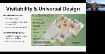 Screenshot of a webinar on Zoom, with a speaker in the upper right, and a presentation slide titled, "Visitability and Universal Design" taking up most of the screen.