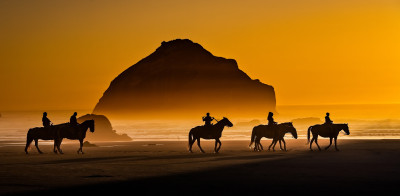 A group of people on horseback on a beach with a prominent seastack close to shore. All the forms--people, horses, and the rock formation--are silhouetted in a golden, misty sunset.