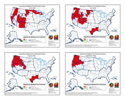 Four maps showing the entire United States, with projections for June, July, August, and September. In June, there are red areas in central Washington and Oregon, across a lot of California, across the north central US, and the American Southwest. In July, most of the Pacific Northwest is red, with some of Nevada, Utah, Arizona, New Mexico, and a small swath of the north central US in red. August shows most of the Pacific Northwest in red, plus the Gulf Coast (Texas and Louisiana). Then Sept = OR, WA, etc.
