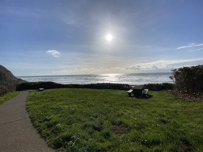 A grassy, clifftop area that overlooks a sunlit ocean and blue sky. There is a paved path and a picnic table too.