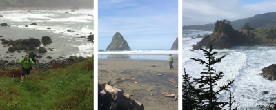 A three-part photo collage. On the right is a woman in a bright green raincoat, carrying a large pack, climbing a grassy hill overlooking a rocky beach with gray, frothy waves. Middle photo: A woman in a green coat walking on a beach with a triangular sea stack just offshore on a sunny day. Right image: Clifftop view of frothy waves breaking in an inlet framed by big rocks.