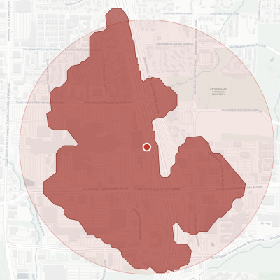 A map showing a red central point surrounded by dark red-orange regions, then a pale pink bubble.