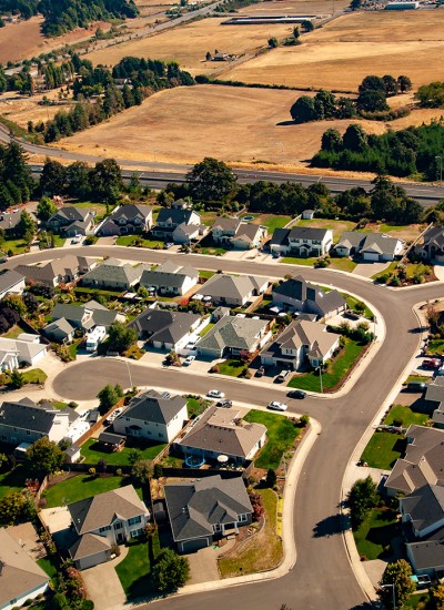 An aerial photo of a residential subdivision adjacent