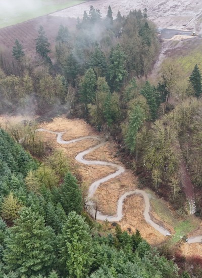 Ryan Creek meanders toward the Willamette River. At the top of the image is the paved area where trucks parked to dump unknown materials. 
