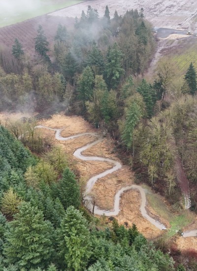 Ryan Creek meanders toward the Willamette River. At the top of the image is the paved area where trucks parked to dump unknown materials.