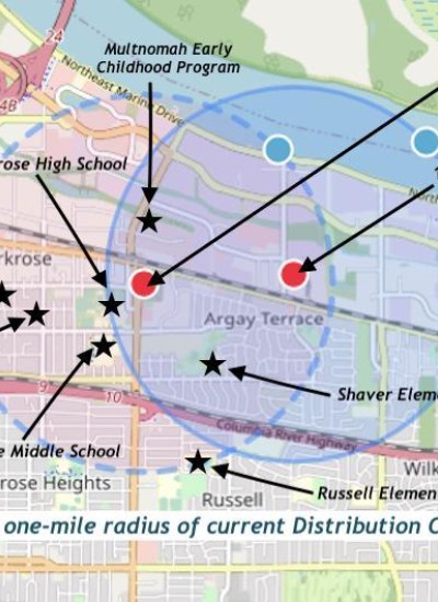 A map of the Parkrose and Argay neighborhoods with landmarks in a one-mile radius of the former Kmart site