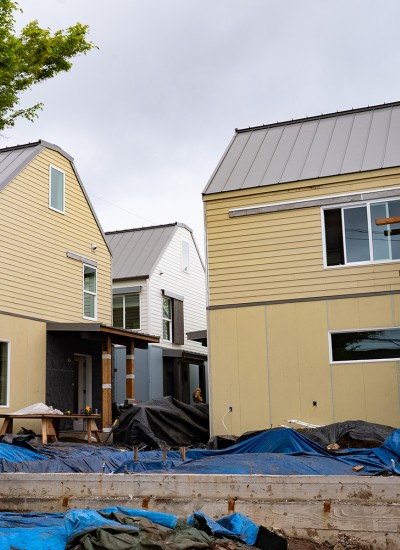 The cottage cluster in Eugene under construction, with scaffolding