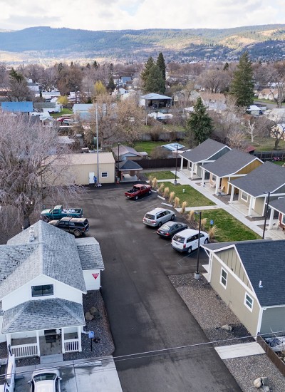 An aerial drone shot of the cottage cluster in La Grande