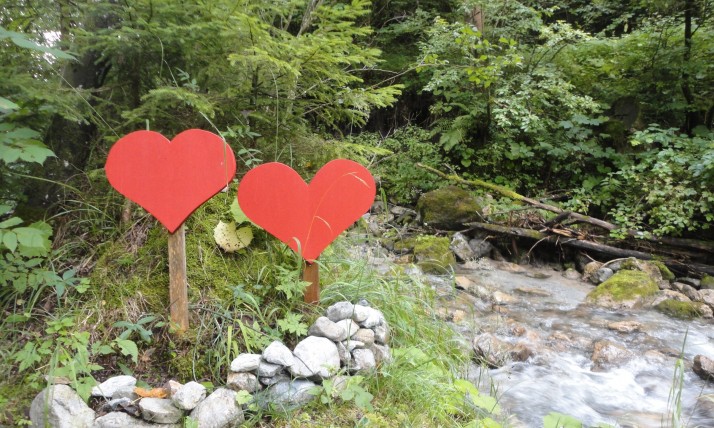 Two red hearts in a forest beside a stream