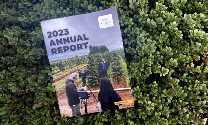 The printed 2023 annual report set atop evergreen plant