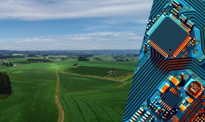 Aerial photo of Hillsboro farmland alongside semiconductor chips 