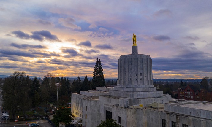 An aerial photo of the Oregon capitol building and surrounding neighborhood