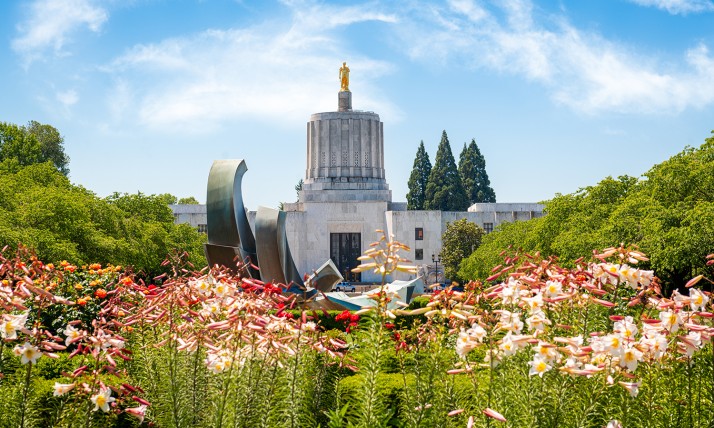 Salem capitol building with wildflowers