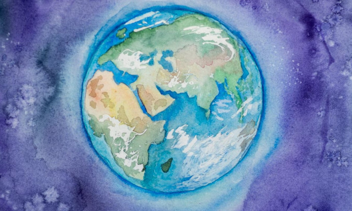 A watercolor interpretation of earth in space (space is purple and textural!)