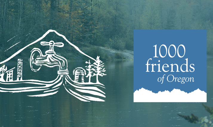 The hand-carved, hand-printed TAP logo with a mountain encircling a water faucet, a river coming out of it, and a city and a rural community with trees. And the 1000 Friends of Oregon logo, with the words 1000 Friends of Oregon and a silhouette of mountains.