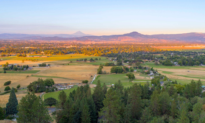 A vast landscape, with clusters of pine trees, large expanses of agricultural fields, and distant mountains. The whole scene has a warm cast from a sunset or sunrise.