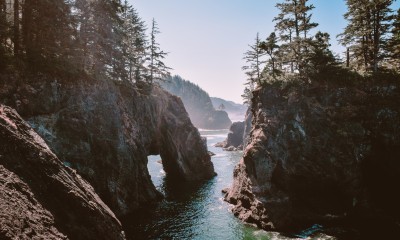 Oregon coast with landscape and weird shaped rock