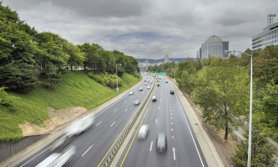 An overhead photo of lanes of speeding traffic in Portland