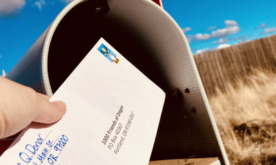 A person drops an envelope into an open mailbox