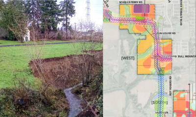 Left, a photo of a creek and open space. right, a map of the area with the proposed roadway expansion overlaid.