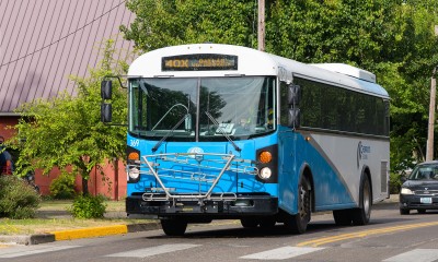 A Cherriots bus on street with a crosswalk