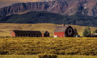 Oregon mountains in the background featuring a picturesque red barn