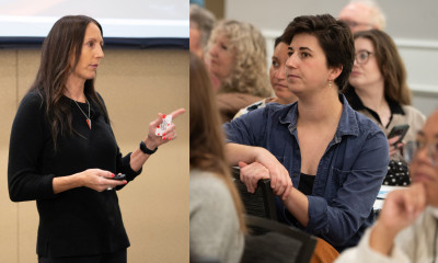 A collaged image with Cathey Armillas gesturing and speaking in front of the room, and the audience focusing on her words