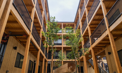Courtyard of an apartment complex, with small green trees in the center. The building has a natural wood look.