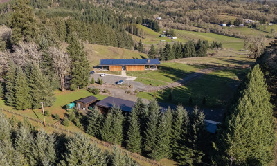 Aerial view of a hotel in a mixed forest/farmland area