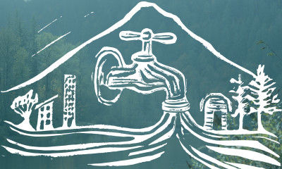 Graphic with a white logo showing a faucet from which a river flows, past a city and a farm. Framing all this is the outline of a mountain.