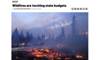 A screenshot of an article titled, "Wildfires are torching state budgets," accompanied by an image of a burning forest