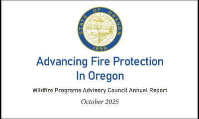 Screenshot of the top of the front page of a report with the state seal of Oregon. Title: Advancing Fire Protection in Oregon. Wildfire Programs Advisory Council Annual Report. October 2025.