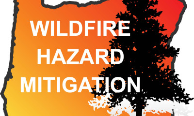 Logo that says, "Wildfire hazard mitigation" atop an orange and yellow Oregon shape, with a black tree silhouette alongside it.