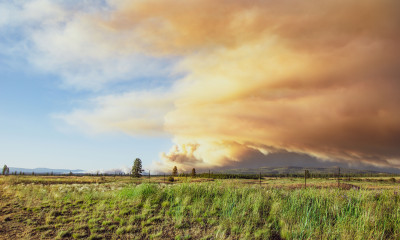 A large column of smoke spreads from right to left across a vast landscape