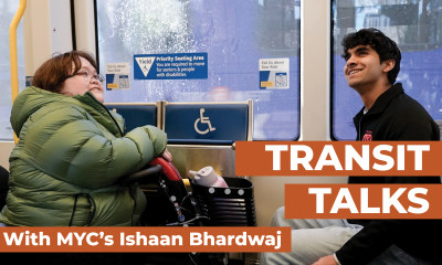 Transit Talks with MYC's Ishaan Bhardwaj. This accompanies a photo of two people on a bus